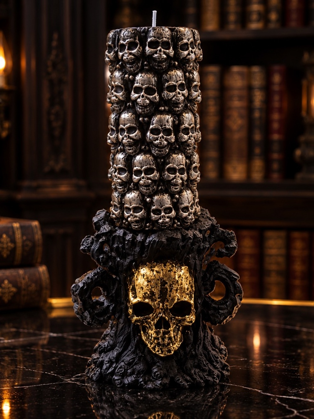 Gothic Skull Candle Holder with Gold Accent and Skull Candle